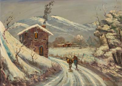 American Mid Century Impressionist style winter landscape painting