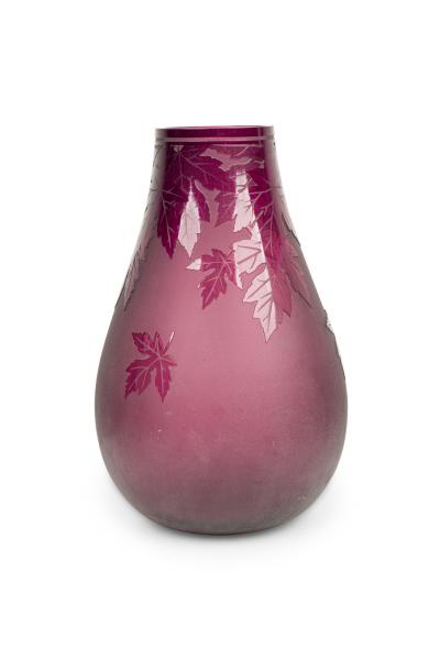 American Mid Century Large Red Glass Vase With Leaf Designs