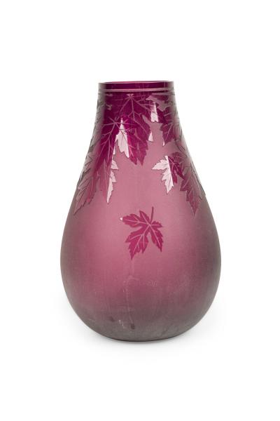 American Mid Century Large Red Glass Vase With Leaf Designs