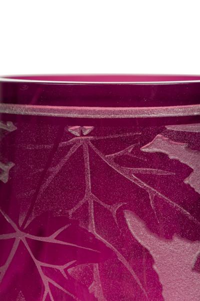 American Mid Century Large Red Glass Vase With Leaf Designs