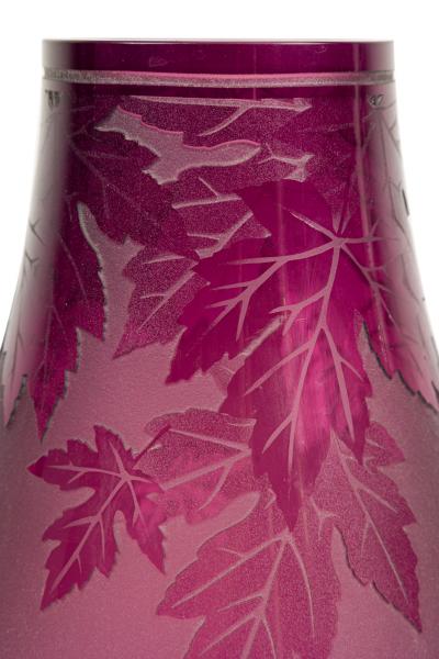 American Mid Century Large Red Glass Vase With Leaf Designs