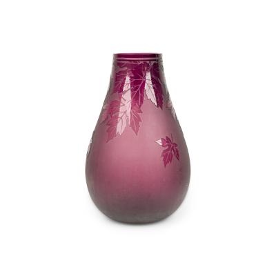 American Mid Century Large Red Glass Vase With Leaf Designs
