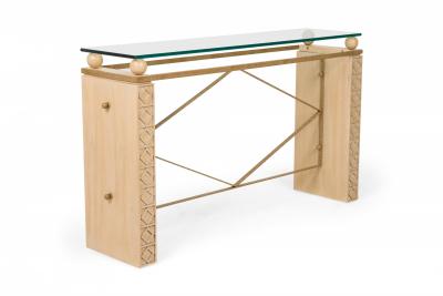 American Mid Century Limed Oak Iron and Glass Carved Console Table