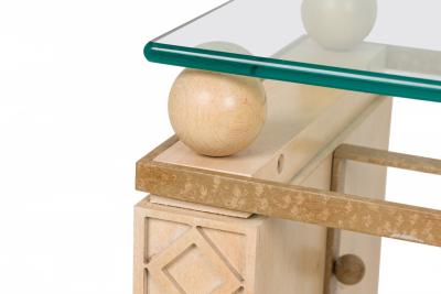 American Mid Century Limed Oak Iron and Glass Carved Console Table