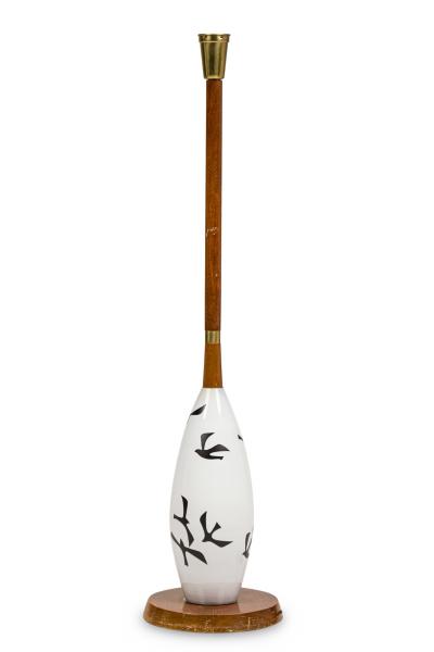 American Mid Century Milk Glass and Wooden Stem Floor Lamp