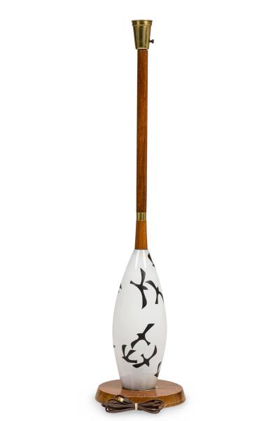 American Mid Century Milk Glass and Wooden Stem Floor Lamp