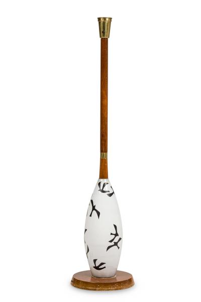 American Mid Century Milk Glass and Wooden Stem Floor Lamp