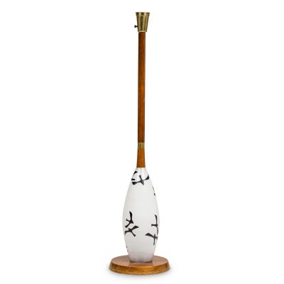 American Mid Century Milk Glass and Wooden Stem Floor Lamp