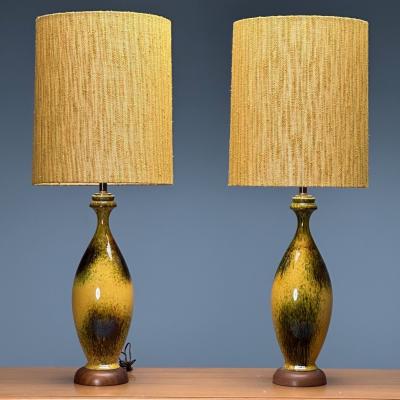 American Mid Century Modern Large Table Lamps Glazed Ceramic Yellow Fabric