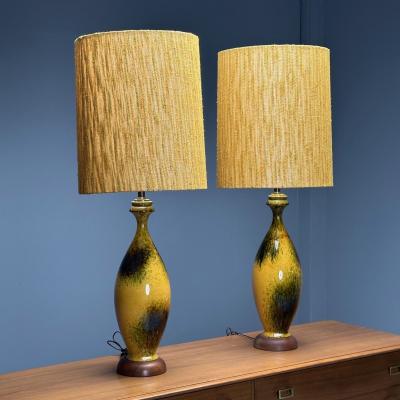 American Mid Century Modern Large Table Lamps Glazed Ceramic Yellow Fabric