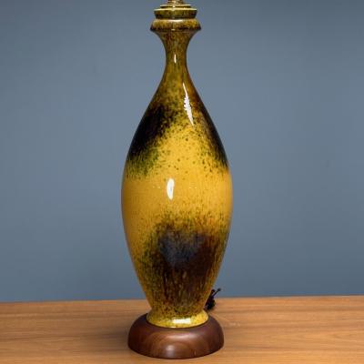 American Mid Century Modern Large Table Lamps Glazed Ceramic Yellow Fabric
