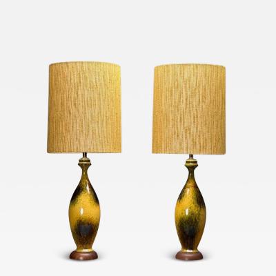 American Mid Century Modern Large Table Lamps Glazed Ceramic Yellow Fabric