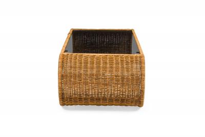 American Mid Century Smoked Glass and Wicker Waterfall Edged Cocktail Table
