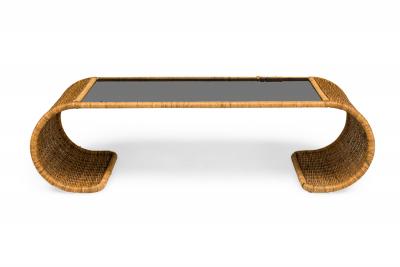American Mid Century Smoked Glass and Wicker Waterfall Edged Cocktail Table