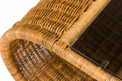 American Mid Century Smoked Glass and Wicker Waterfall Edged Cocktail Table