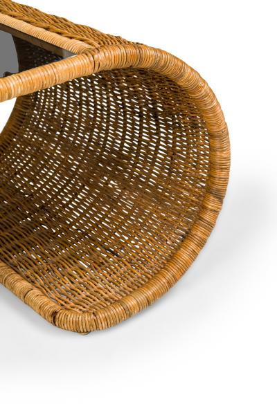 American Mid Century Smoked Glass and Wicker Waterfall Edged Cocktail Table