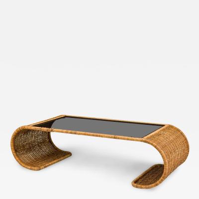 American Mid Century Smoked Glass and Wicker Waterfall Edged Cocktail Table