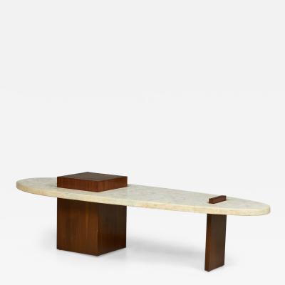 American Mid Century Terrazzo and Walnut Surfboard Form Coffee Table manner of