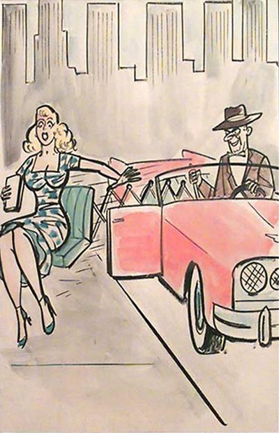 American Mid Century black framed caricature watercolor of lady on seat in car