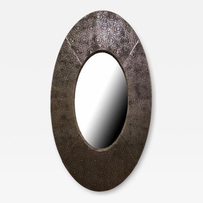 American Modern Brown and Silver Metallic Leather Oval Mirror