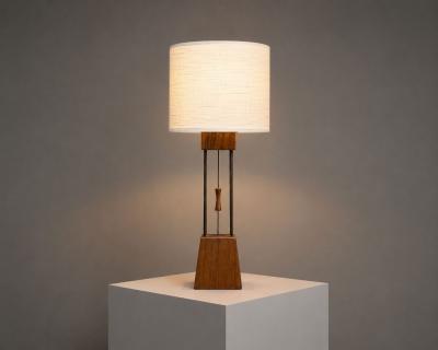 American Modern Cage Form Table Lamp Walnut Brass USA 1960s