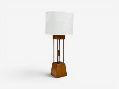 American Modern Cage Form Table Lamp Walnut Brass USA 1960s