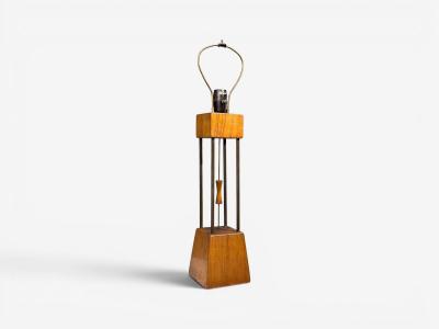American Modern Cage Form Table Lamp Walnut Brass USA 1960s