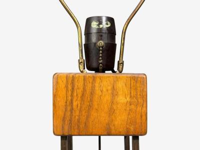 American Modern Cage Form Table Lamp Walnut Brass USA 1960s