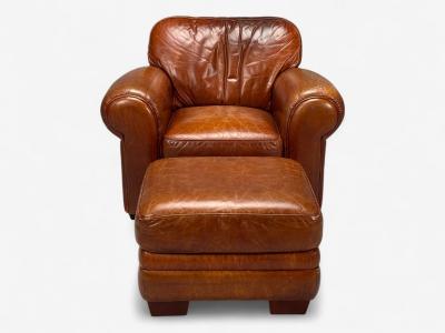 American Modern Distressed Leather Club Chair and Ottoman USA 1990s