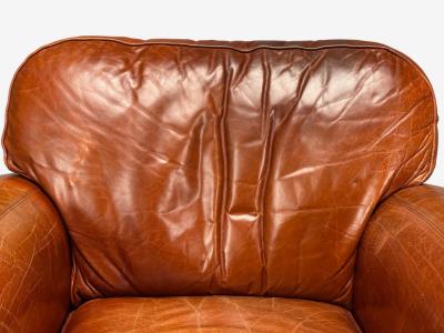 American Modern Distressed Leather Club Chair and Ottoman USA 1990s