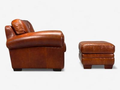 American Modern Distressed Leather Club Chair and Ottoman USA 1990s
