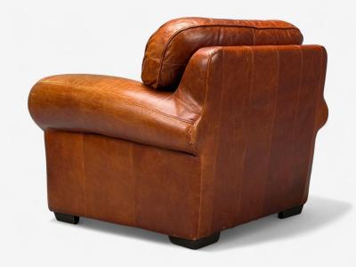 American Modern Distressed Leather Club Chair and Ottoman USA 1990s
