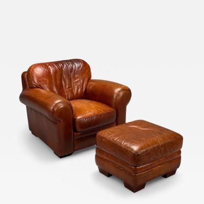 American Modern Distressed Leather Club Chair and Ottoman USA 1990s