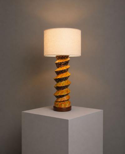 American Modern Large Table Lamp Orange Ceramic Walnut USA 1960s