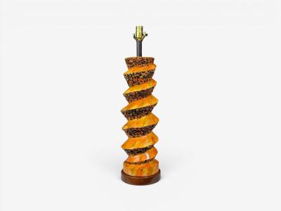 American Modern Large Table Lamp Orange Ceramic Walnut USA 1960s