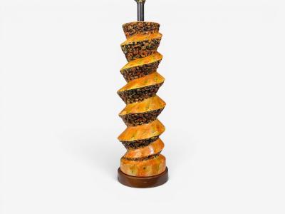 American Modern Large Table Lamp Orange Ceramic Walnut USA 1960s
