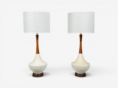 American Modern Large Table Lamps Porcelain Walnut Brass USA 1950s