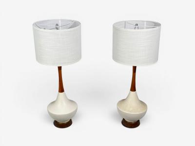 American Modern Large Table Lamps Porcelain Walnut Brass USA 1950s