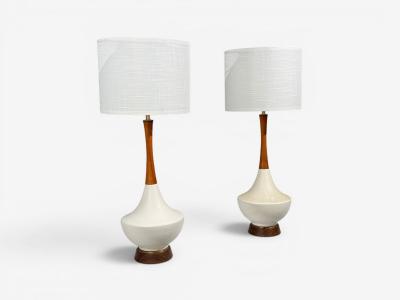 American Modern Large Table Lamps Porcelain Walnut Brass USA 1950s