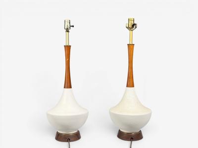 American Modern Large Table Lamps Porcelain Walnut Brass USA 1950s