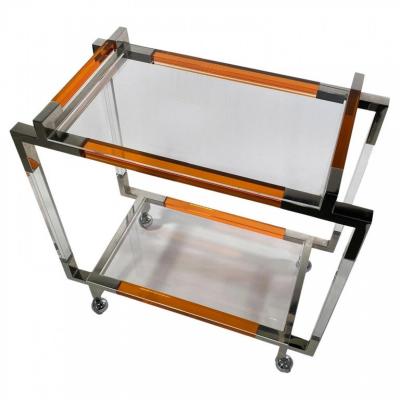 American Modern Orange Lucite Polished Nickel Bar Cart Charles Hollis Jones