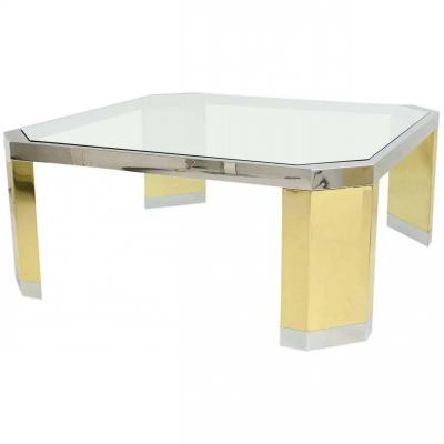 American Modern Polished Brass Chrome and Glass Low Table Ron Seff 1970s