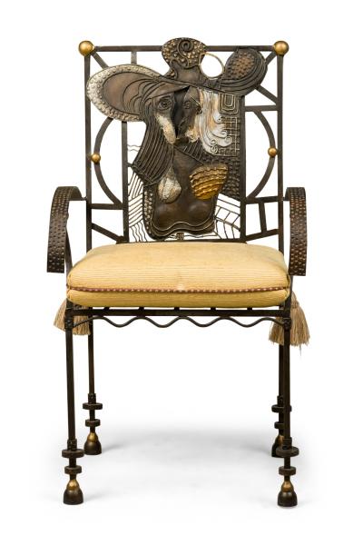 American Modern Surrealist Parcel Gilt Steel Armchair