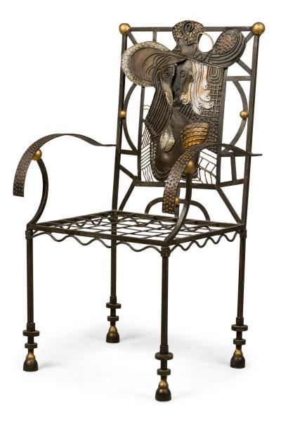 American Modern Surrealist Parcel Gilt Steel Armchair