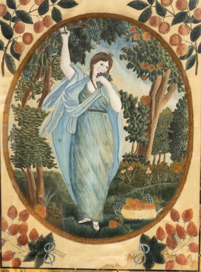 American Painted Silkwork Picture Depicting Pomona Goddess Of Fruits