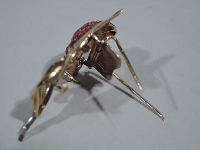 American Retro Ruby and Diamond 14K Gold Flower Brooch