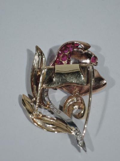 American Retro Ruby and Diamond 14K Gold Flower Brooch