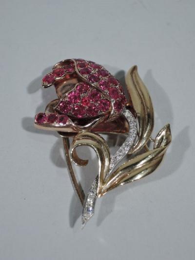 American Retro Ruby and Diamond 14K Gold Flower Brooch