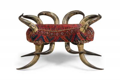 American Rustic Horn and Kilim Upholstered Chair Bench