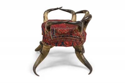 American Rustic Horn and Kilim Upholstered Chair Bench